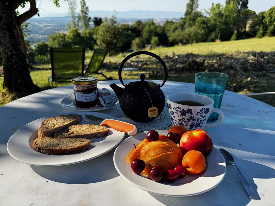 Petit-déjeuner sur une table ronde dehors : théière, pain grillé, abricots, pêches et cerises