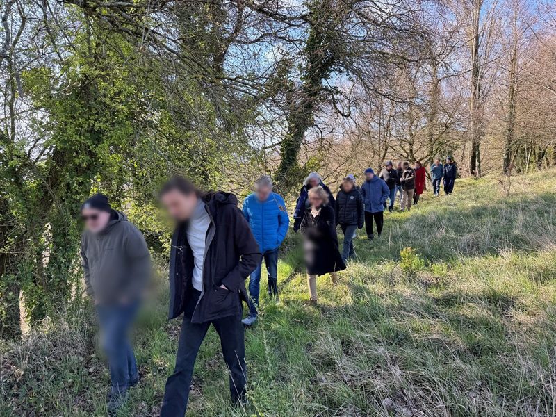 Un groupe marche en file sur un sentier en lisière de bois