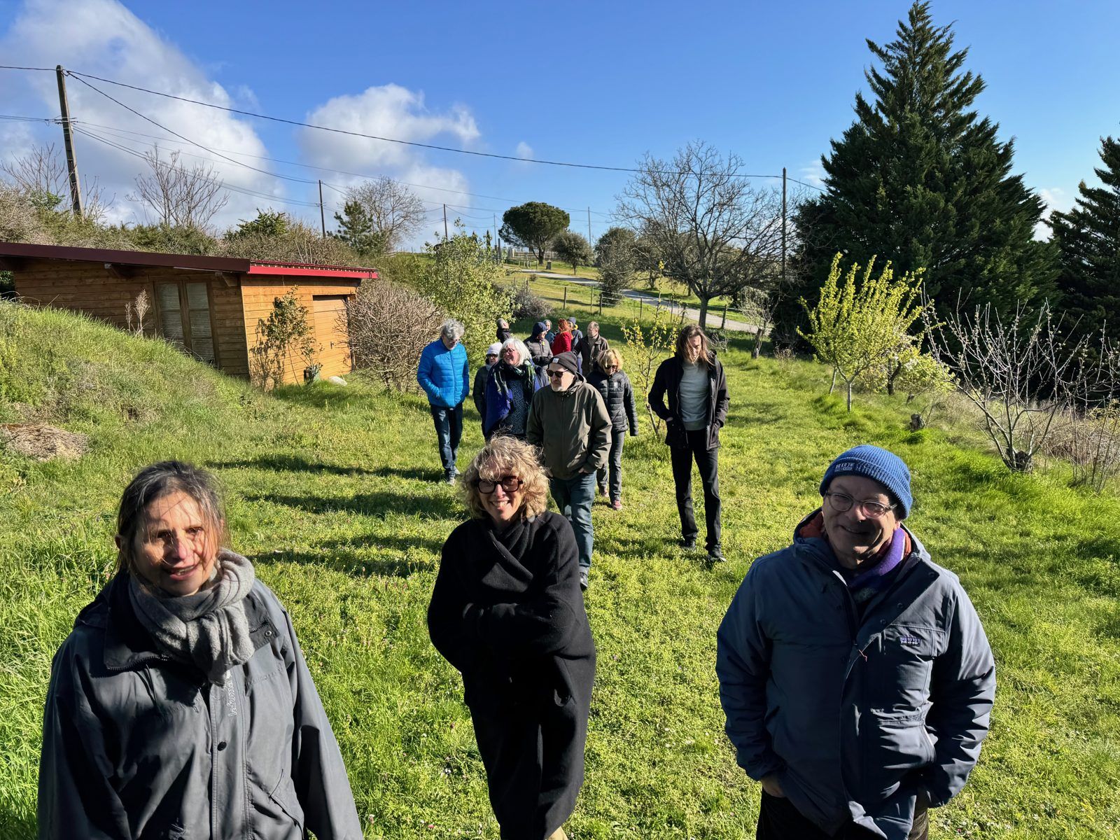 Un groupe marche dans la prairie, au soleil du printemps